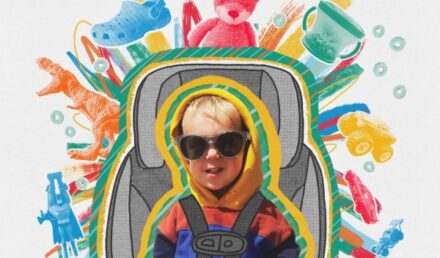 A boy in a car seat surrounded by colorful illustrations.