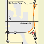 Map of system interchange in Pocatello showing detour through Northgate Interchange.