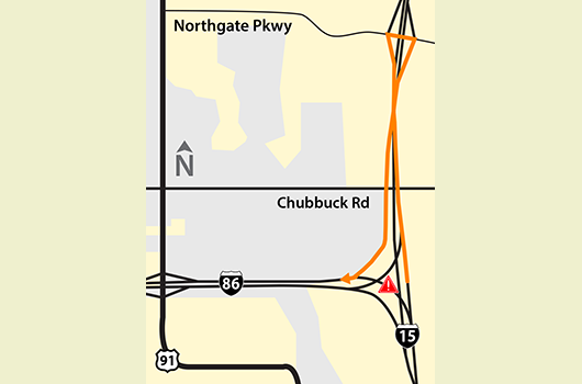 Map of system interchange in Pocatello showing detour through Northgate Interchange.