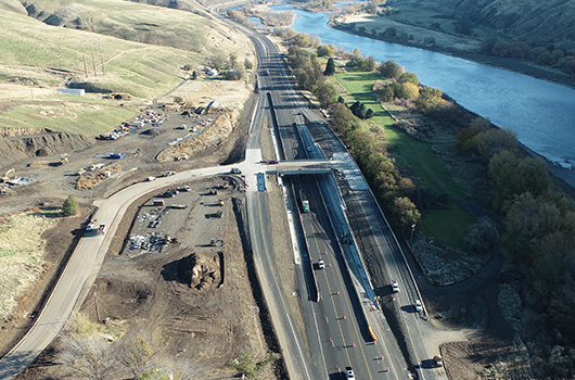 Picture of the Aht'Wy Plaza interchange from above looking towards the east.