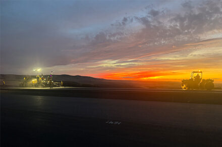 Paving at sunset on the new US-95 Thorn Creek to Moscow alignment.