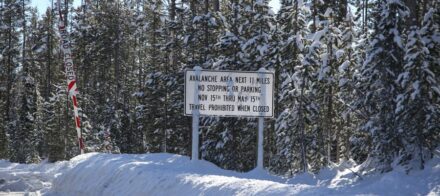An avalanche risk sign with snow on it.