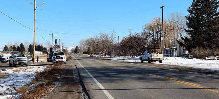 ITD and City of Rigby crews work roadside on SH-48 in preparation for furthering a 45 mph speed zone east of Rigby that takes effect next week.