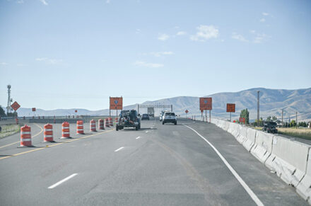 Cars driving in the I-15 southbound lane during construction.