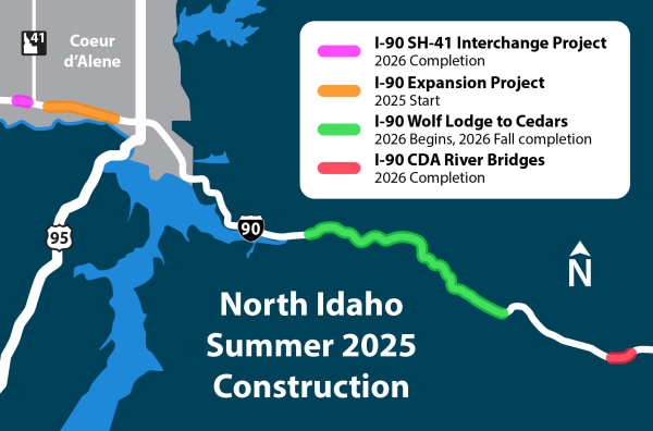 Map depicting the I-90 work zones from Post Falls to Cataldo for the 2025 construction season.