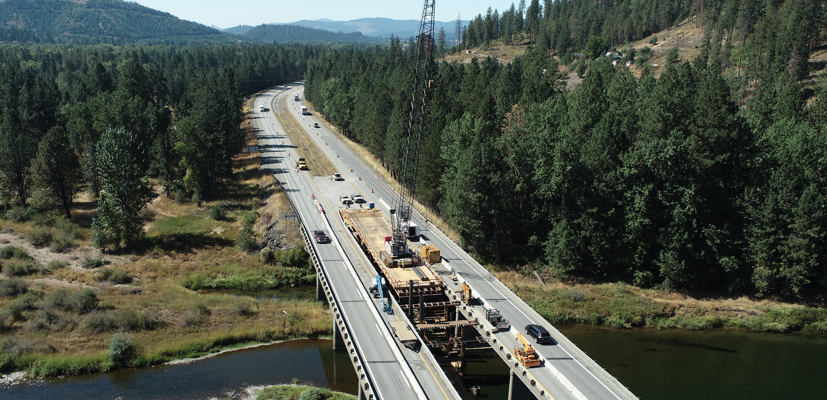 Aerial view of the I-90 bridges over the Coeur d'Alene river near Cataldo