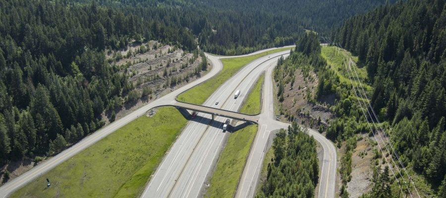 Aerial view of Interstate 90 at the top of Fourth of July Pass