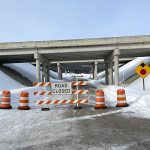 Road Closed signs in place on Stoddard Creek Road underneat I-15 Stoddard Creek Exit 184.