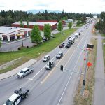 Traffic backed up at the intersection with cones