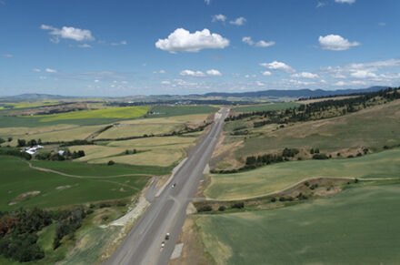 An aerial view of US-95, the new Thorn Creek alignment looking towards Moscow.