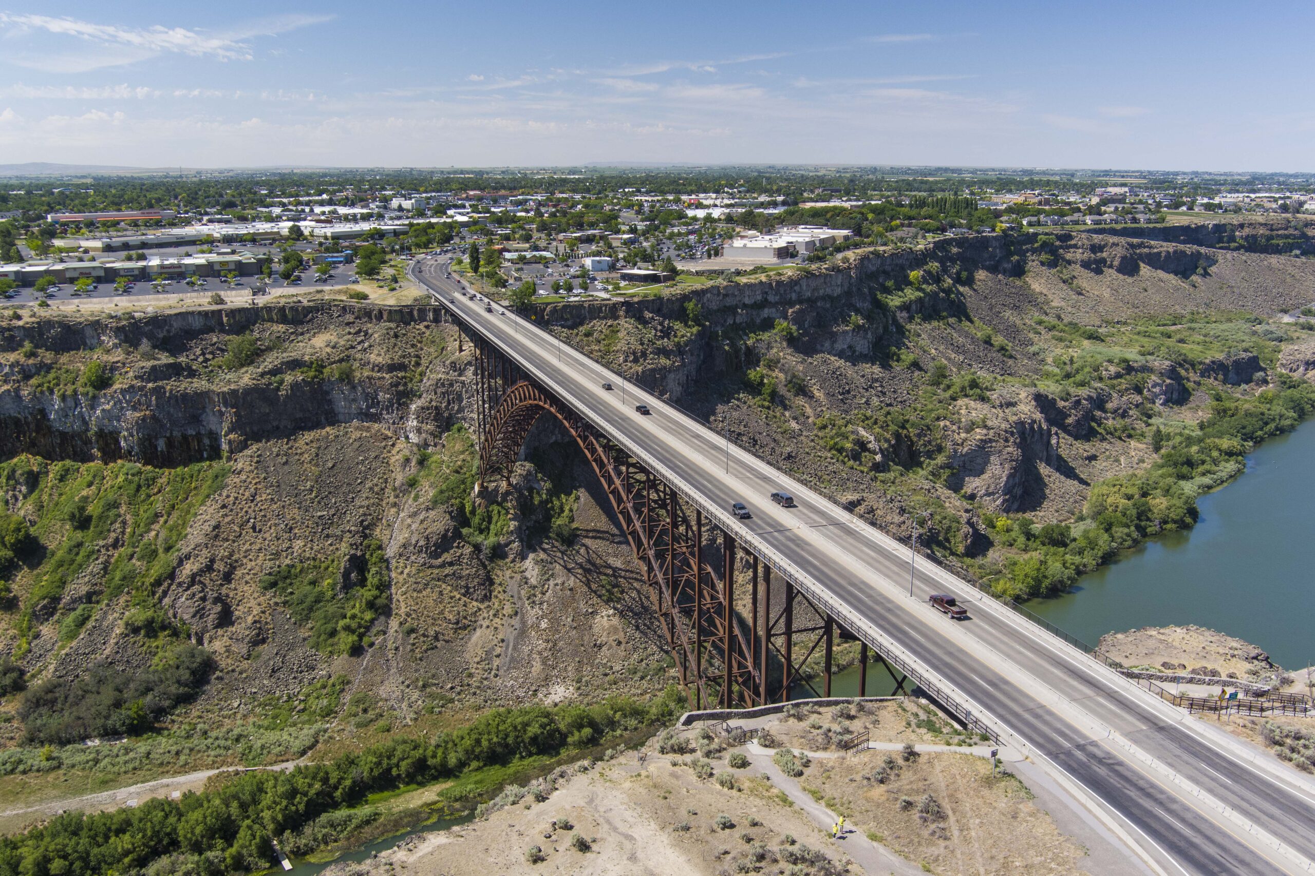 Cars crossing the Snake River Canyon outside of Twin Falls
