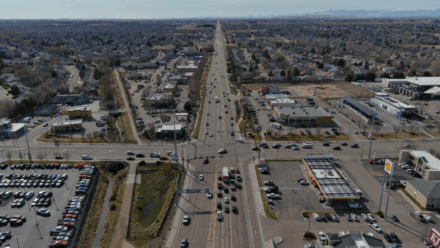 An aerial view of an intersection.