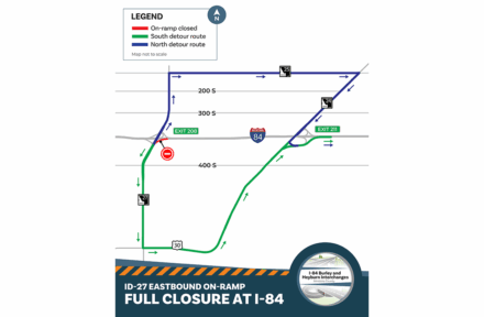 Map of detour on I-84 at Burley