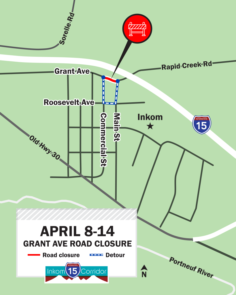 Map showing Grant Avenue closure between Main and Commercial Streets. The detour route around the closure goes south on either Main or Commercial streets to Roosevelt Avenue.