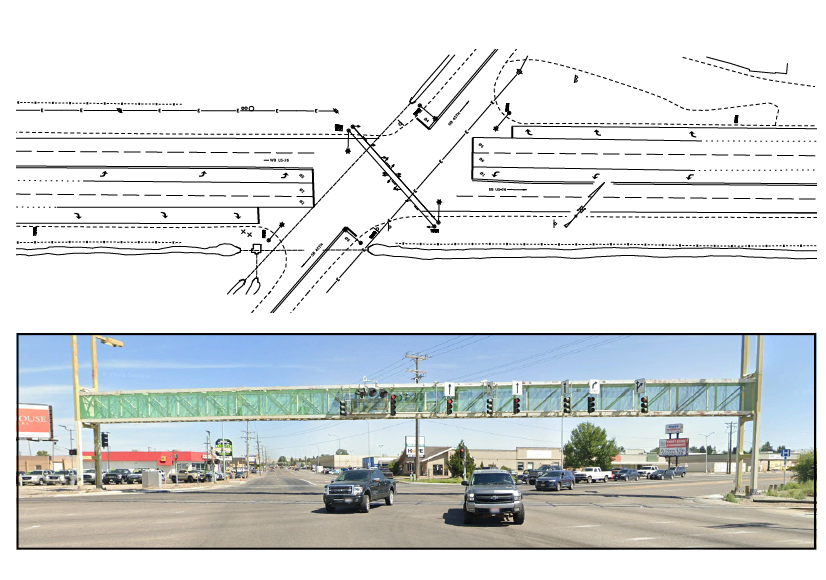 Design drawing of signal bridge and photo of an example at a similar intersection in Idaho Falls.