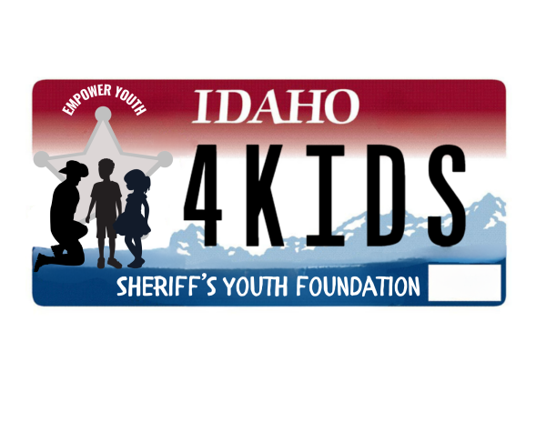 A license plate that says "4 Kids, Sheriff's Youth Foundation" and has silhouettes of a sheriff and two kids.