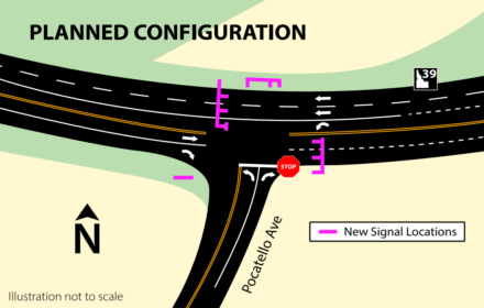 Map of intersection showing locations of traffic lights.