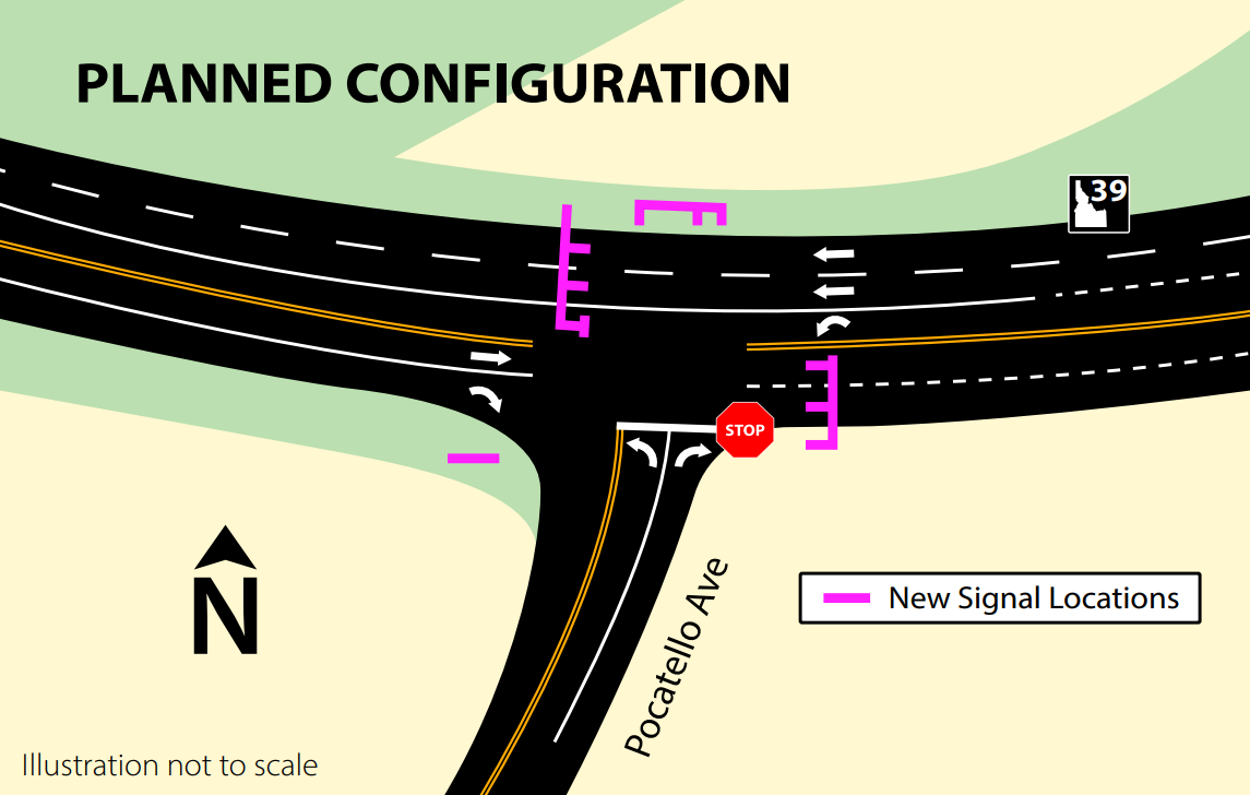 Map of intersection showing locations of traffic lights.