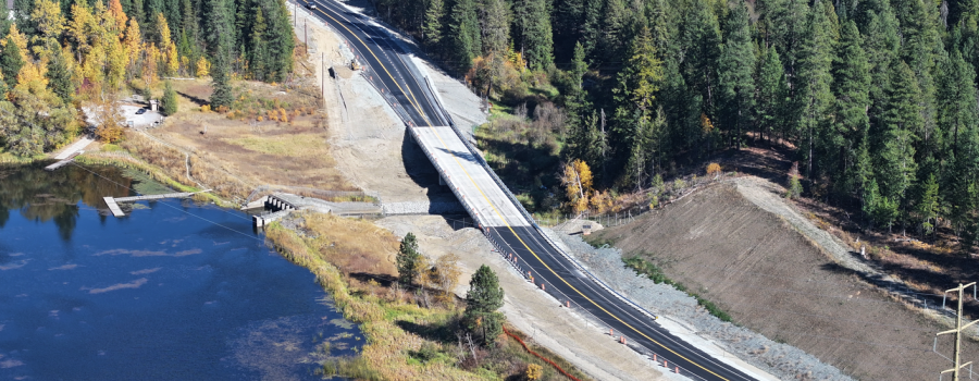 Aerial view of the newly constructed bridge on US-95 at McArthur Lake