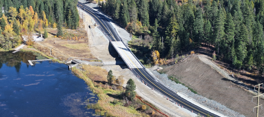 Aerial view of the newly constructed bridge on US-95 at McArthur Lake