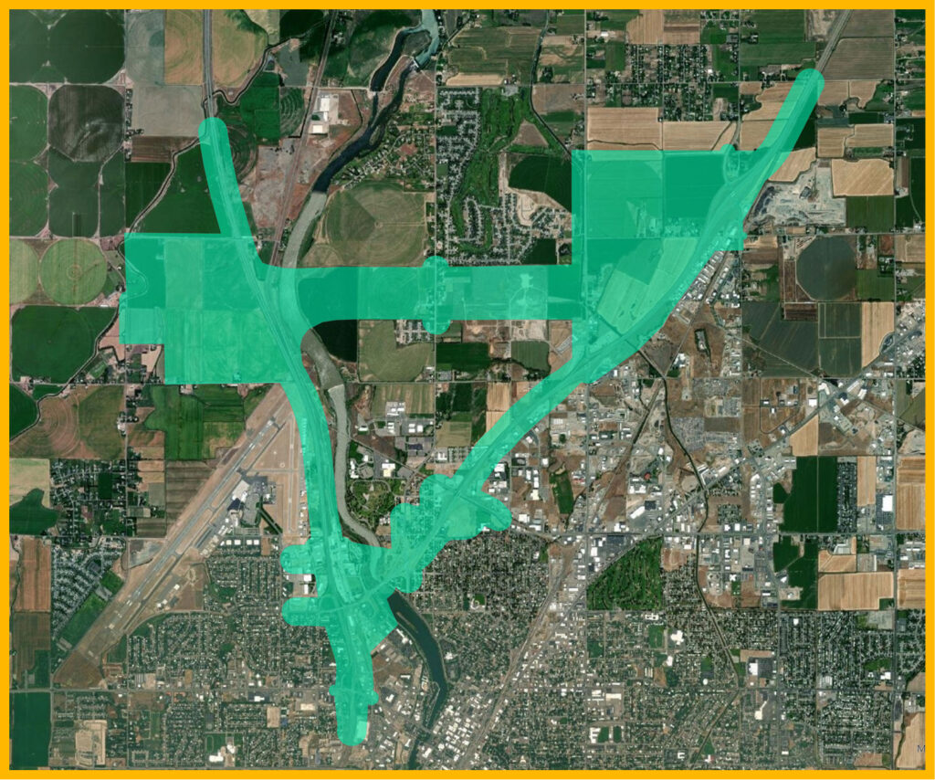 Detailed aerial map view of the I-15 US-20 project area with green highlighted spaces relative to the project. 