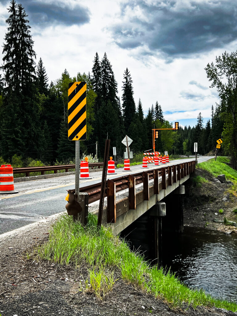 Traffic control devices set up on the St. Maries River Bridge.