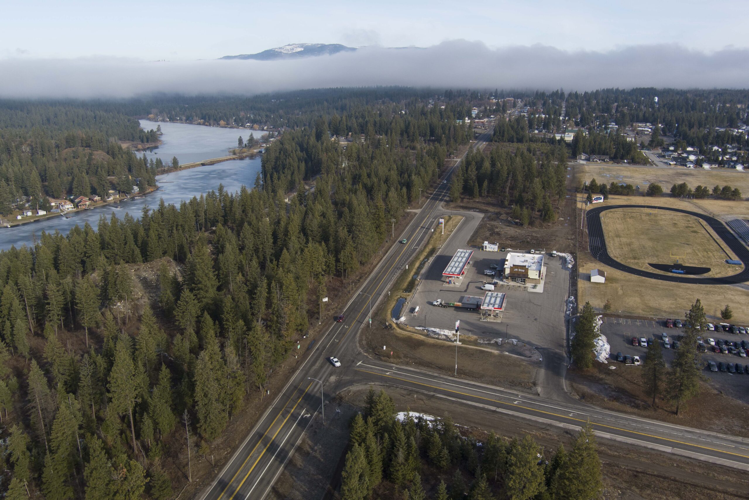 Aerial view of the intersection of SH-54 and SH-41 near Spirit Lake.