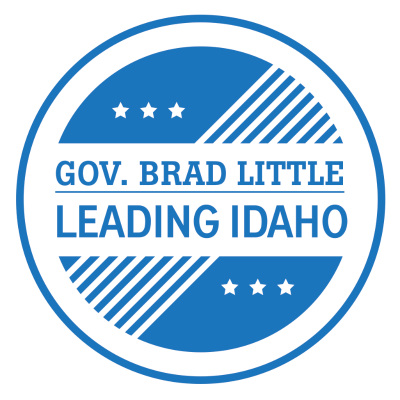 Idaho Governor Brad Little Leading Idaho program logo. Blue Circle with white lines and stars within.