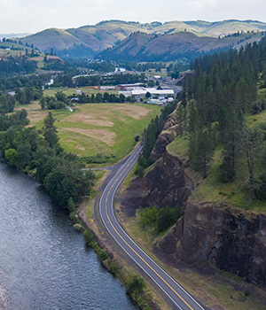 High above the river looking at a Kooskia curve on SH-13.