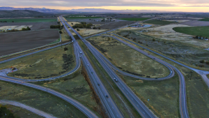 Drone shot of the I-15 South Blackfoot Interchange (Exit 89) 