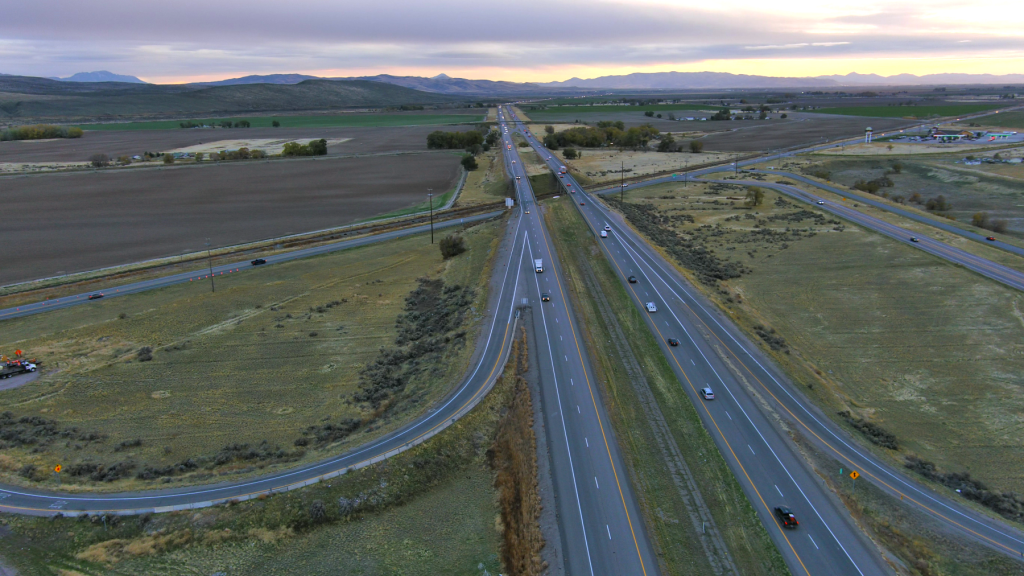 Drone shot of Exit 89 with traffic on I-15.