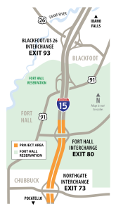 Map showing I-15 between Pocatello and Blackfoot, with an orange highlight marking the project area between the Northgate Interchange in Pocatello and the Fort Hall Interchange in Fort Hall. 