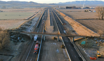 Aerial view of abandoned railroad bridge near the Fort Hall exit.