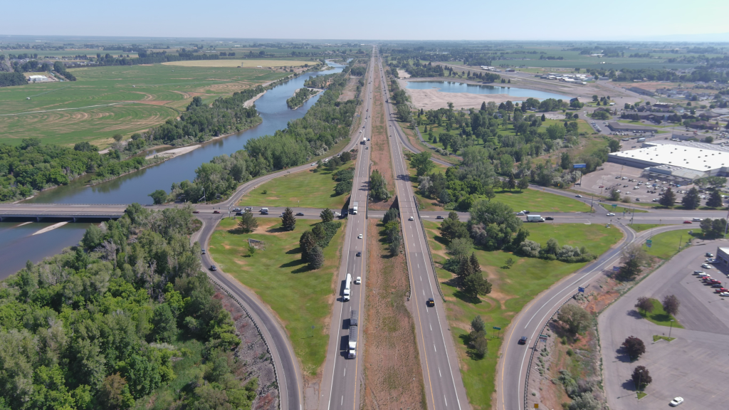 Drone photo of I-15 over US-26 in Blackfoot.