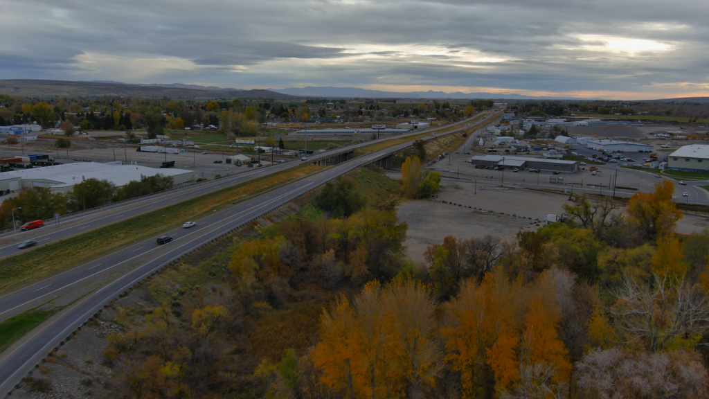 Drone photo of I-15 over Bridge St/the railroad