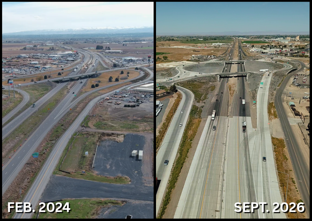 Side by side aerial photos of the South Jerome Interchange in Feb. 2024 and Sept. 2026