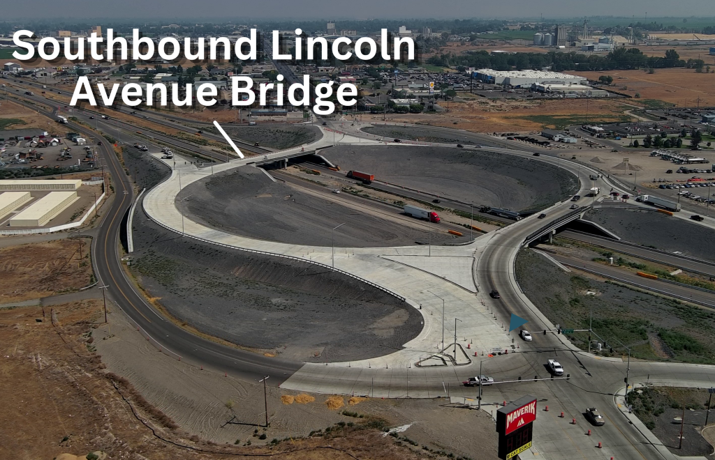 Drone shot facing north at the South Jerome Interchange with text labeling the southbound Lincoln Avenue bridge. 