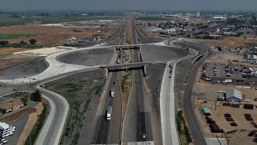 Drone shot of the I-84 South Jerome Interchange facing west