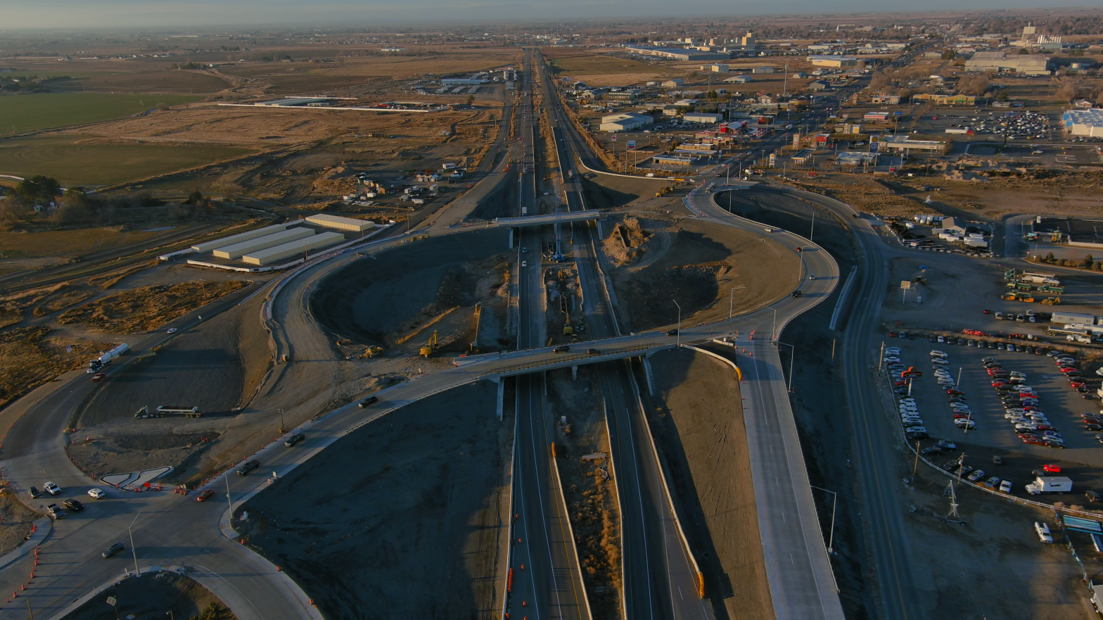 Drone photo of the South Jerome Interchange with active construction and live traffic.