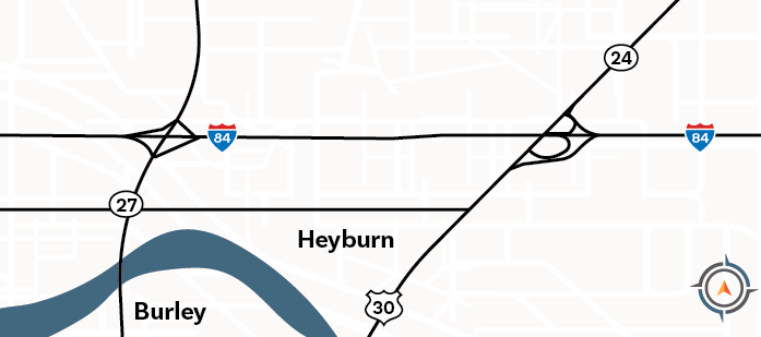 Map showing Interstate 84 near Heyburn and Burley Idaho.