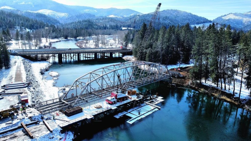 Canyon Road Bridge stripped down to the trusses during winter construction. 