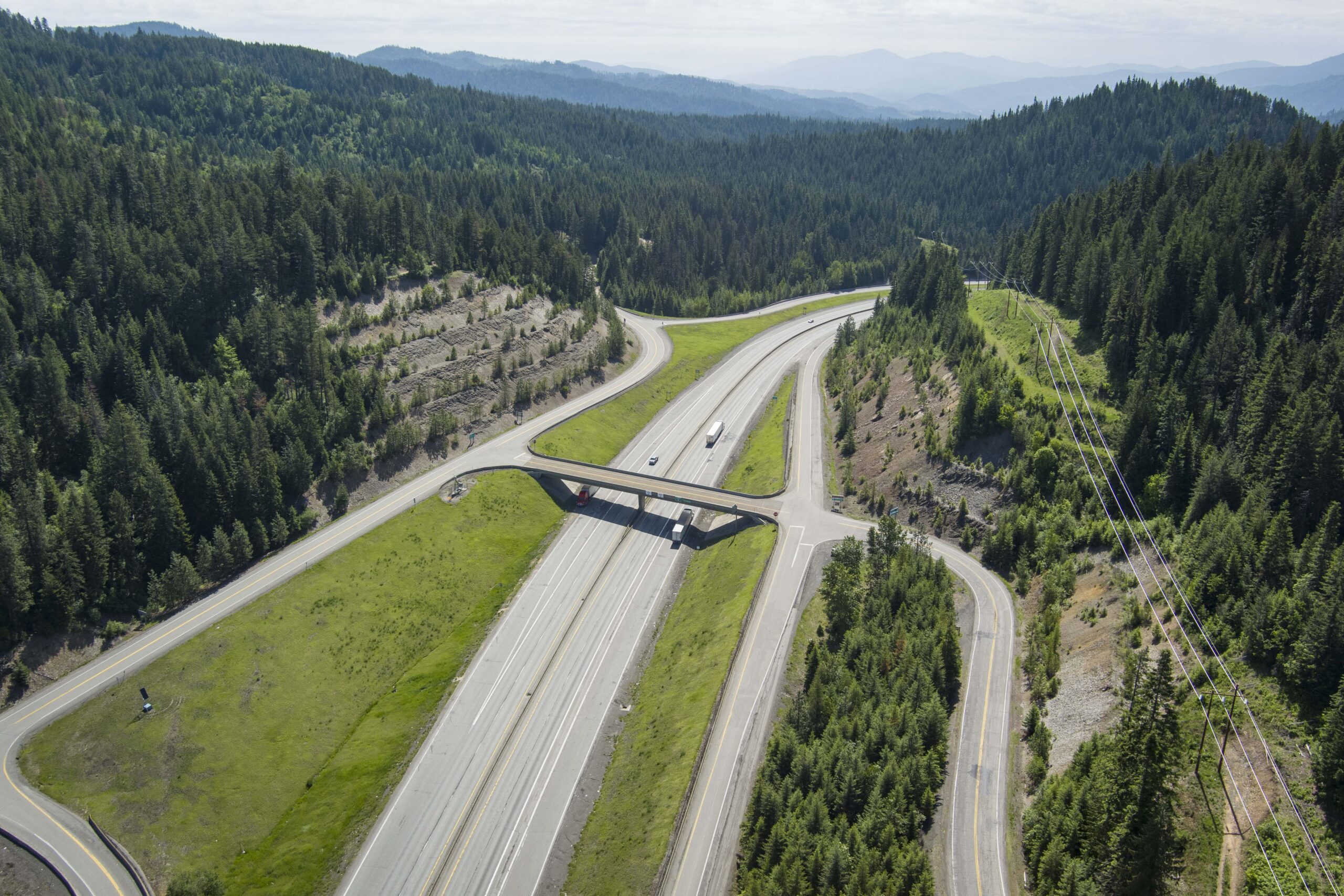 Aerial view of I-90 at the top of Fourth of July Pass