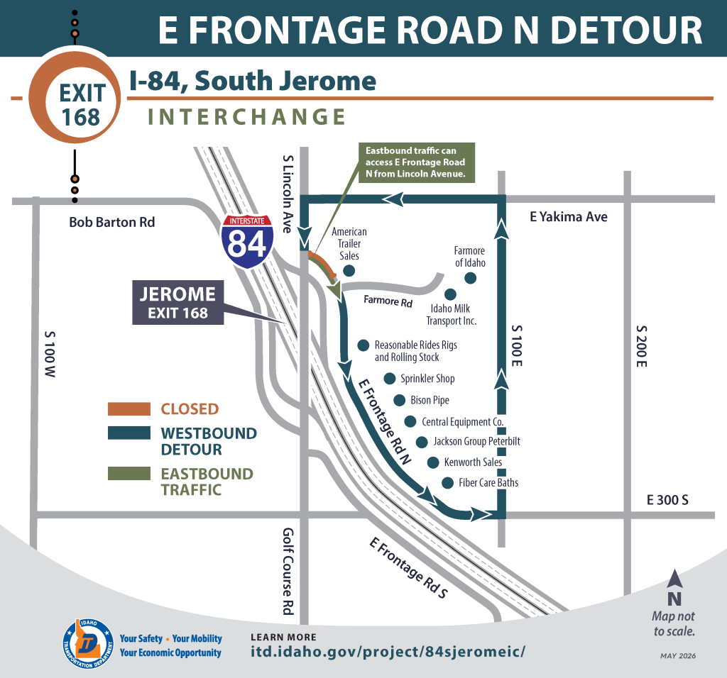 E Frontage Rd N map with westbound and eastbound detours