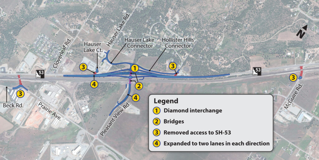 Map that highlights features of the completed interchange design.