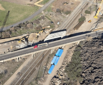Aerial view of the railroad bridge being rebuilt at Inkom.