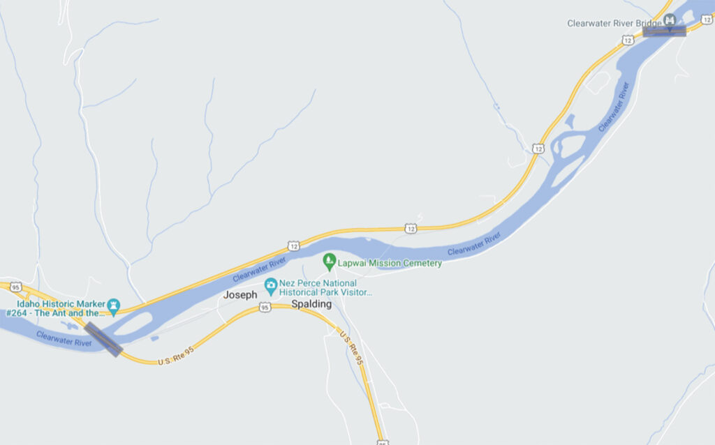 Map of the two bridges over the Clearwater River - Arrow and Spalding Bridges.