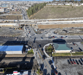 Aerial view of ongoing construction where SH-41 passes beneath I-90