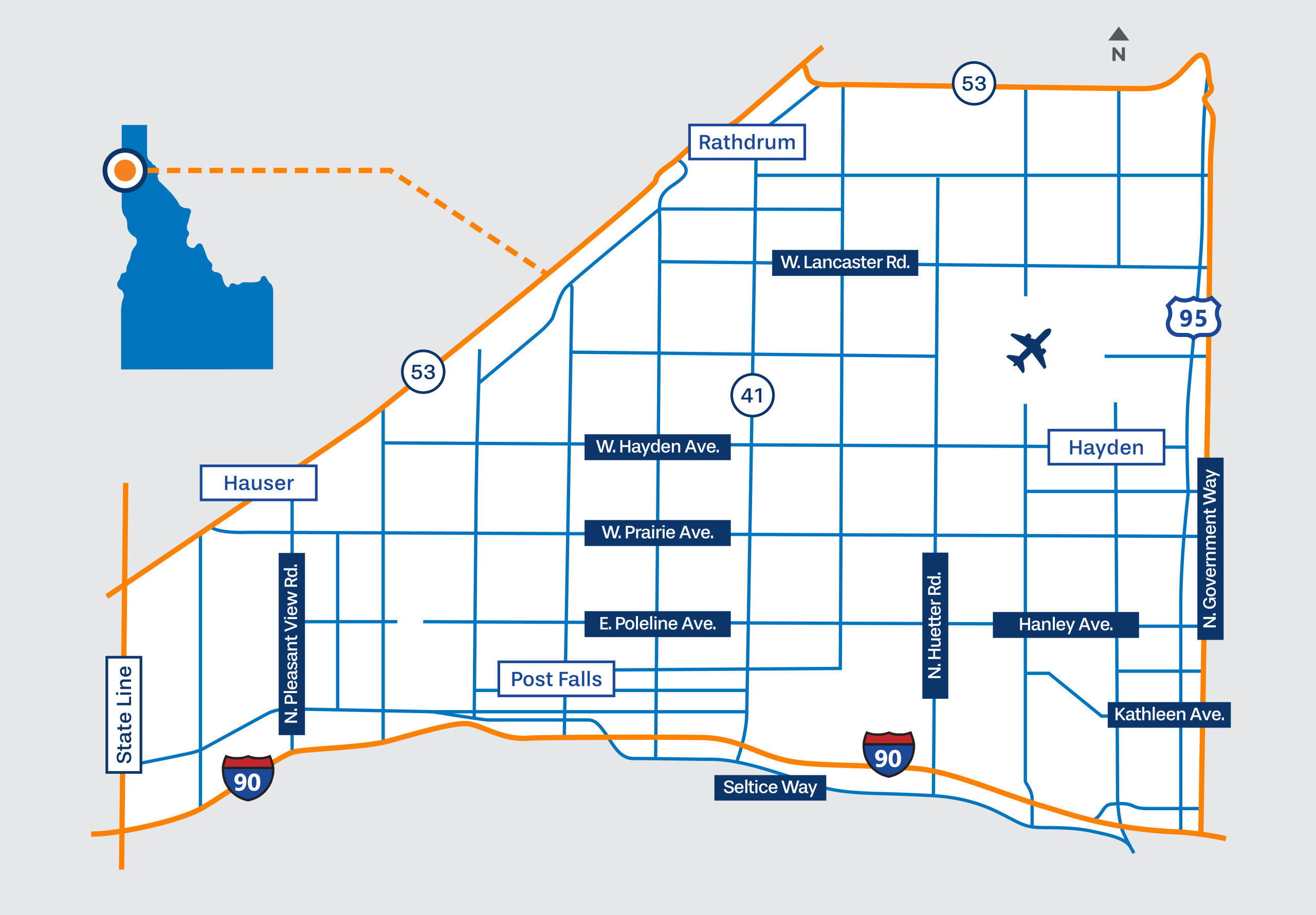 A map of the Rathdrum PEL area in northern Idaho showing major roads, highways, and nearby cities.