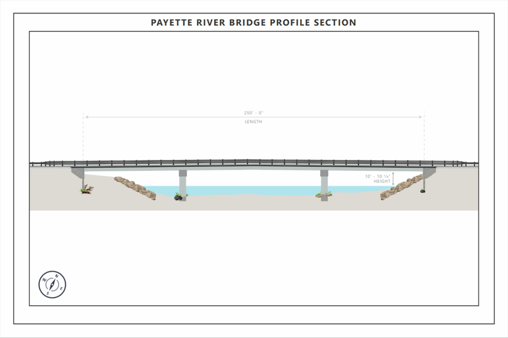 Engineering drawing showing the side view of the bridge