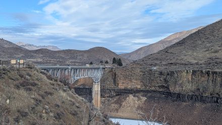 A photo of Moores Creek Bridge spanning a low river.